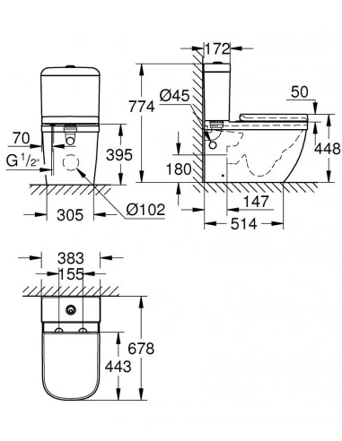 Unitazas pastatomas Euro Ceramic, su dangčiu, baltas, Grohe