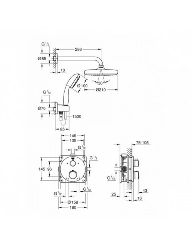 Dušo sistema potinkinė su termostatiniu maišytuvu Grohtherm Perfect Tempesta 210, chromas, Grohe