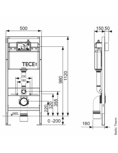 TECEbase (4 in 1) WC rėmas Valdymas iš priekio, montavimo aukštis 1120 mm