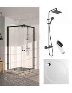 Kvadartinės dušo kabinos Huppe Classics 2, termostatinės dušo sistemos Hansgrohe Vernis Blend ir dušo pado su sifonu komplektas