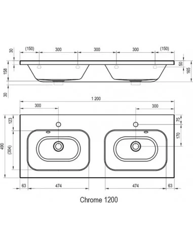 Dvigubas praustuvas Chrome 1200 su paslėptu persipylimu, RAVAK