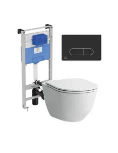 Unitazo LAUFEN PRO rimless komplektas su IDEAL STANDARD potinkiniu rėmu ir M1 juoda nuleidimo plokštele