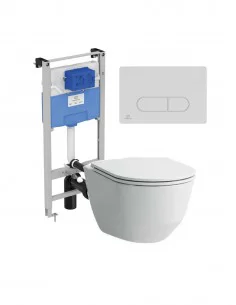 Unitazo LAUFEN PRO rimless komplektas su IDEAL STANDARD potinkiniu rėmu ir M1 chromuota nuleidimo plokštele