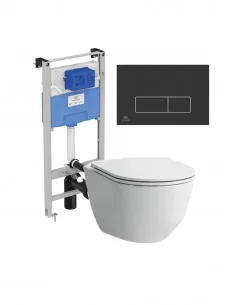Unitazo LAUFEN PRO rimless komplektas su IDEAL STANDARD potinkiniu rėmu ir M2 juoda nuleidimo plokštele