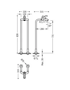 Maišytuvas vonios grindinis Tres Clasic, su rankiniu dušu, TRES