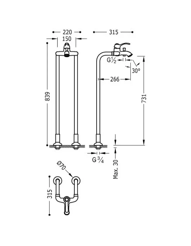 Maišytuvas vonios grindinis Tres Clasic, su rankiniu dušu, TRES