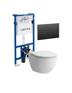 Unitazo pakabinamo Laufen Pro New Rimless komplektas su potinkiniu rėmu ir juoda matine nuleidimo plokštele