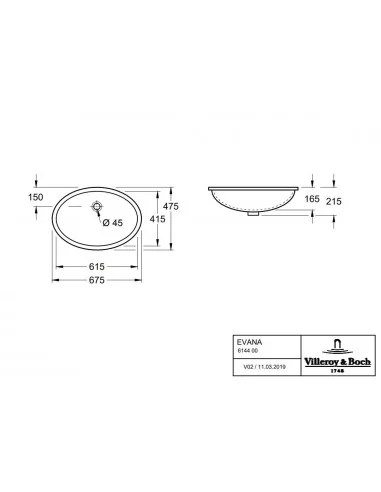 Praustuvas montuojamas po stalviršiu Evana 615x415 mm, Villeroy&Boch