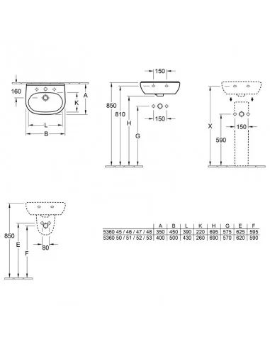 Praustuvas pakabinamas O.Novo 450, 500 mm, Villeroy & Boch