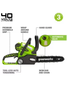 Akumuliatorinis Grandininis Pjūklas 30Cm (12"), 40V su 2Ah akumuliatoriumi g40cs30k2, Greenworks