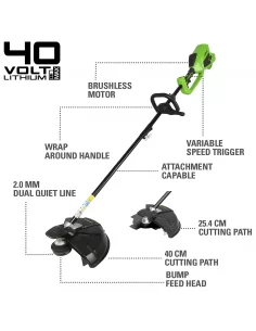 Styginė Žoliapjovė Ir Krūmapjovė Viename, 40V gd40bck2x (su 2x2Ah akumuliatoriais ir krovikliu), Greenworks