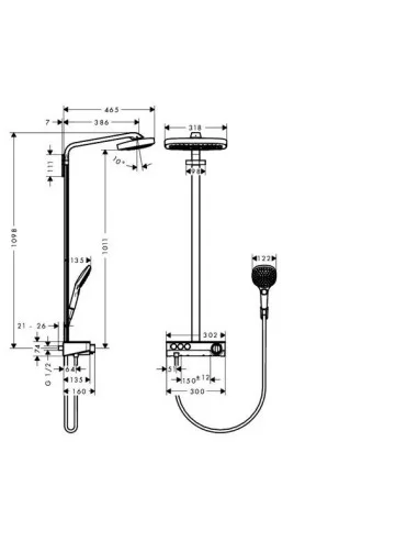 Dušo sistema su termostatiniu maišytuvu Raindance Select E Showerpipe 300 3Jet chromas, Hansgrohe