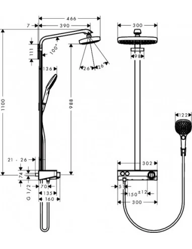 Dušo sistema su termostatiniu maišytuvu Raindance Select Eshowerpipe 300 2jet chromas, Hansgrohe