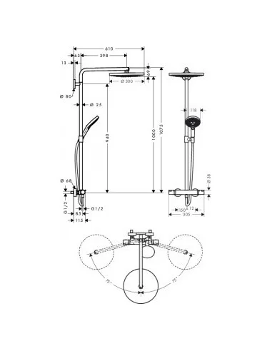 Dušo sistema su termostatiniu maišytuvu Raindance Select S300 2jet, Hansgrohe