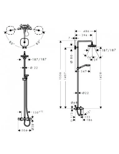 Dušo sistema voniai su termostatu Croma Select S180 2jet chromas, Hansgrohe