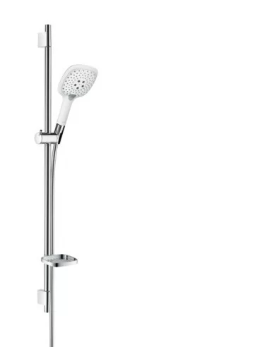 Dušo komplektas su aukštu laikikliu Raindance Select E 150 3 jet. 90cm chromas/baltas, Hansgrohe