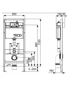 TECEbase WC rėmas su tvirtinimais valdymas iš priekio, montavimo aukštis 1120mm