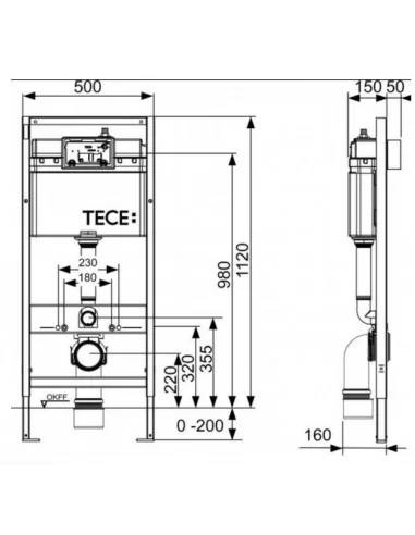 TECEbase WC rėmas su tvirtinimais valdymas iš priekio, montavimo aukštis 1120mm