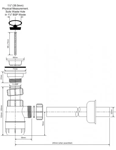 Sifonas kriauklei 1 1/4"x32 su galv., vientisu teršalų rinktuvu HC1L, McAlpine