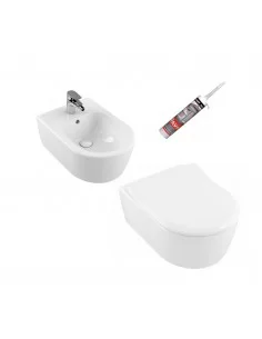 Komplektas Unitazas pakabinamas Avento, rimless ir Bidė Avento + Silikonas baltas 310 ml
