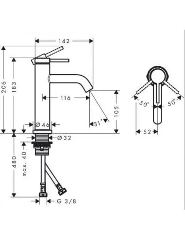 Praustuvo maišytuvo Tecturis S 110, brėžinys, Hansgrohe