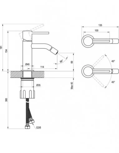 Bidė maišytuvas ESPIRIT 154 mm su dugno vožtuvu, Šlifuotas grafito, RAVAK