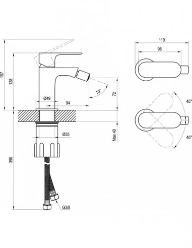 Bidė maišytuvas ELEGANTA 128 mm su dugno vožtuvu, Šlifuotas grafito, RAVAK