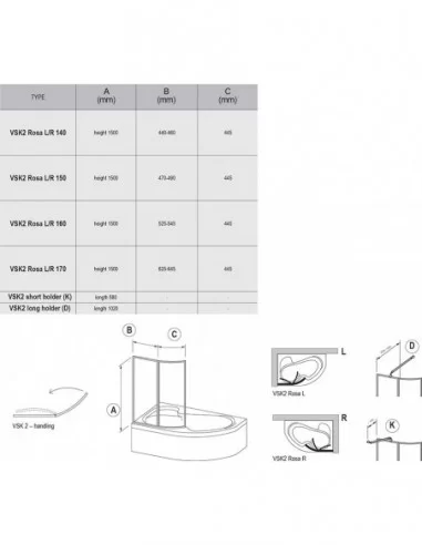 Vonios sienelė VSK2 Rosa, Balta, RAVAK