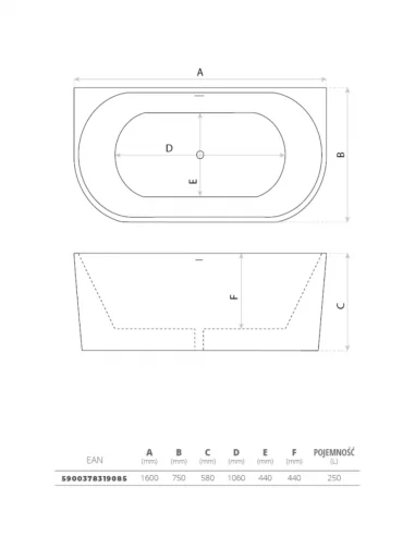 Vonia CALDERA 1600x750mm, Lavita