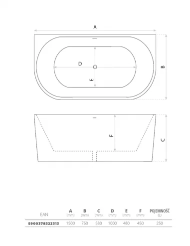 Vonia CALDERA 1500x750mm, Lavita