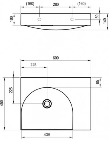 Praustuvas Lite 60/45 K/D, be skylės, Balta, RAVAK