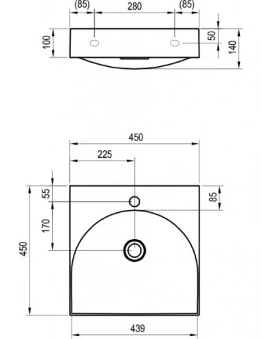 Praustuvas Lite 45 / 60 / 80 su skyle maišytuvui, Balta, RAVAK