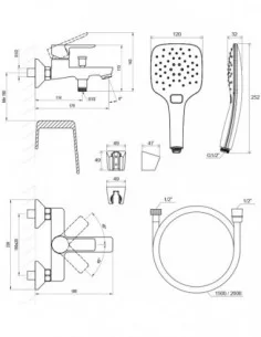 Sieninis vonios/dušo maišytuvas Solar, su dušo komplektu, Blizgus chromas, RAVAK