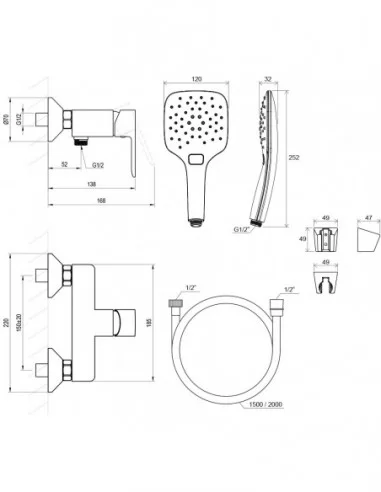 Sieninis dušo maišytuvas Solar, su dušo komplektu, Blizgus chromas, RAVAK