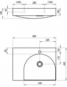 Praustuvas Lite 60/45 L/P K/D su skyle maišytuvui, Balta, RAVAK