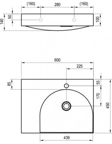 Praustuvas Lite 60/45 L/P K/D su skyle maišytuvui, Balta, RAVAK