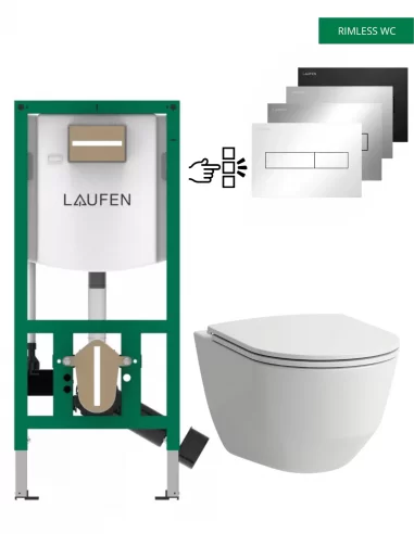 Pakabinamas unitazas Laufen Pro Rimless su INEO rėmu ir HORIZON nuleidimo plokštele