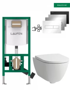 Pakabinamas unitazas Laufen PRO X Silent Flush su INEO rėmu ir HORIZON nuleidimo plokštele