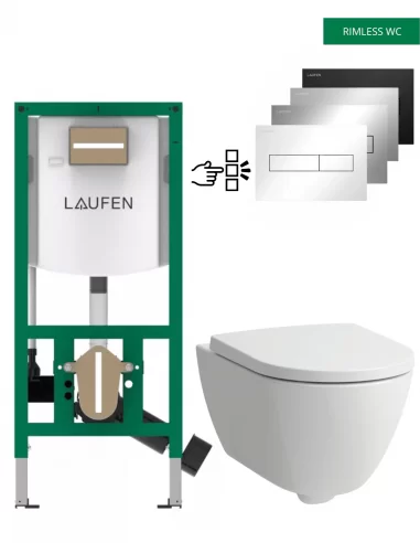 Pakabinamas unitazas Laufen PRO X Silent Flush su INEO rėmu ir HORIZON nuleidimo plokštele