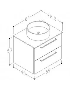 Apatinė spintelė su pilko mėnulio HPL stalviršiu, baltu blizgiu Tondo praustuvu ir baltomis rankenomis, 61-91 cm, 2 stalčiai